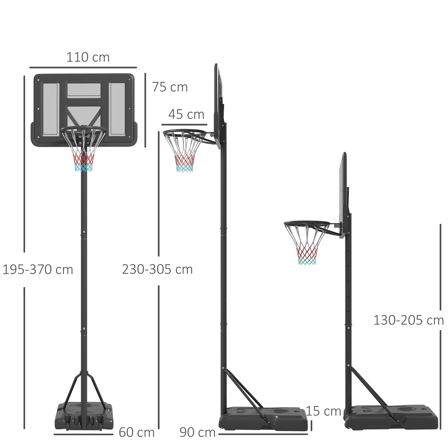 SPORTNOW Basketballständer, Outdoor/Indoor, höhenverstellbar, mit Rädern, befüllbare Basis, Korbhöhe 2,30-3,05 m