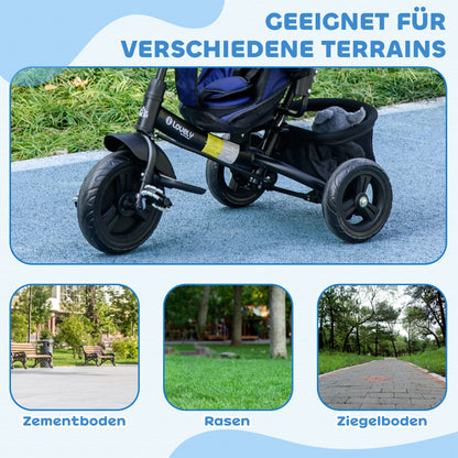 HOMCOM Kinder-Dreirad, Kinderfahrrad, Rückenkorb, Becherhalter, Sonnendach, Metall, Dunkelblau