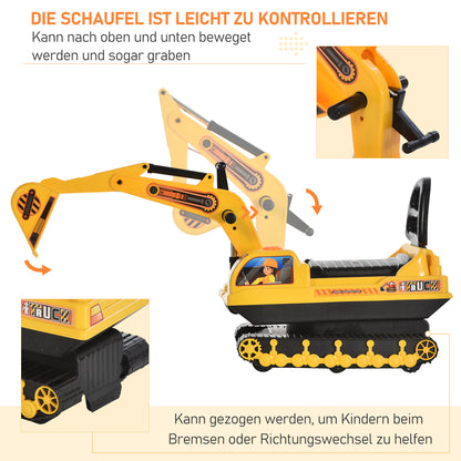 HOMCOM Sitzbagger Aufsitzbagger mit Schaufel Hupe, Kinderbagger mit Stauraum unter Sitz, Rutschauto Baggerfahrzeug zum Sitzen bis 30kg, Draufsitzen Sandbagger für Kinder 1,5-4 Jahre Gelb