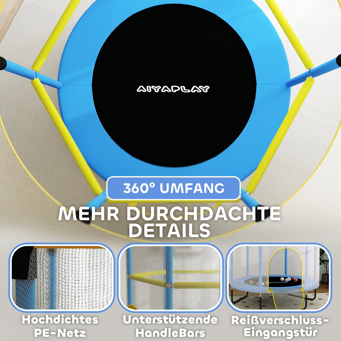 AIYAPLAY Kindertrampolin, Sicherheitsnetz, rutschfeste Beine, Reißverschlusseingang, Bunt