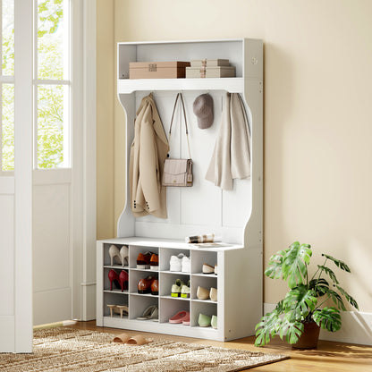 HOMCOM Garderobe mit Regal, Bank, Haken, Schuhfächern, Spanplatten, MDF, Weiß