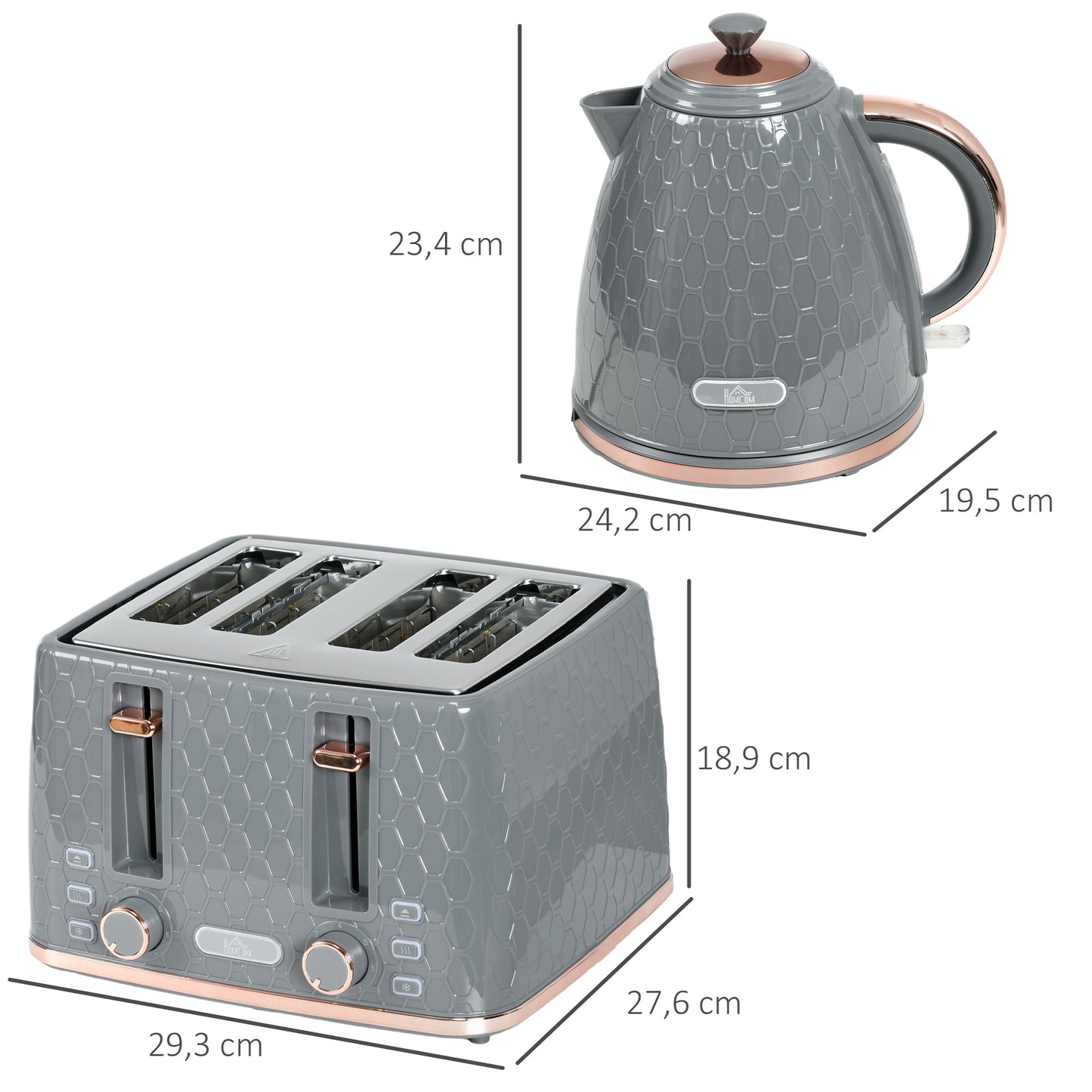 HOMCOM 2-in-1 Küchenset, Toaster und Wasserkocher, mehrere Optionen, 1,7 L, 4 Toastscheiben gleichzeitig, Kunststoff, Grau