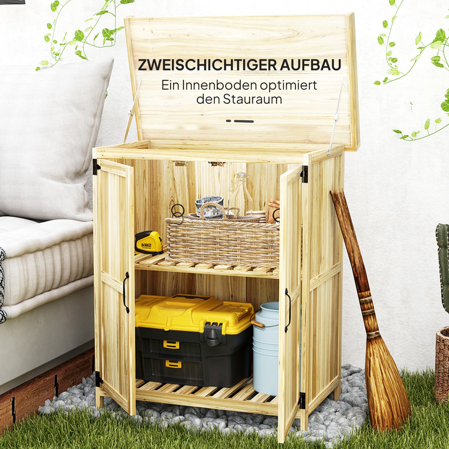 Outsunny Gartenschrank, Werkzeugschrank für den Außenbereich, mit Arbeitsfläche, Holz und Edelstahl, Doppeltüren, Naturholz