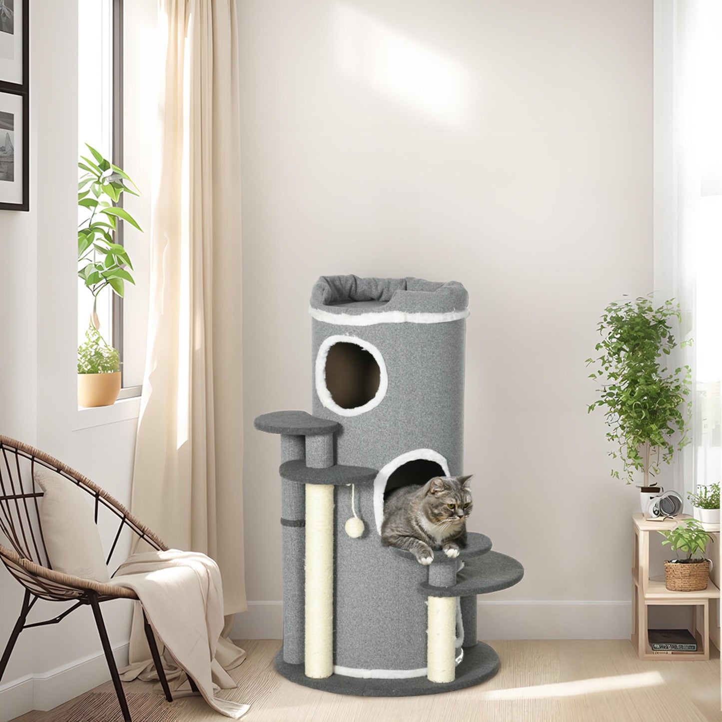 PawHut Kratzbaum Kratztonne, 2 Katzenhöhlen, 4 Liegeflächen, 4 Kratzpfosten, 57 cm x 57 cm x 99 cm, Grau + Weiß