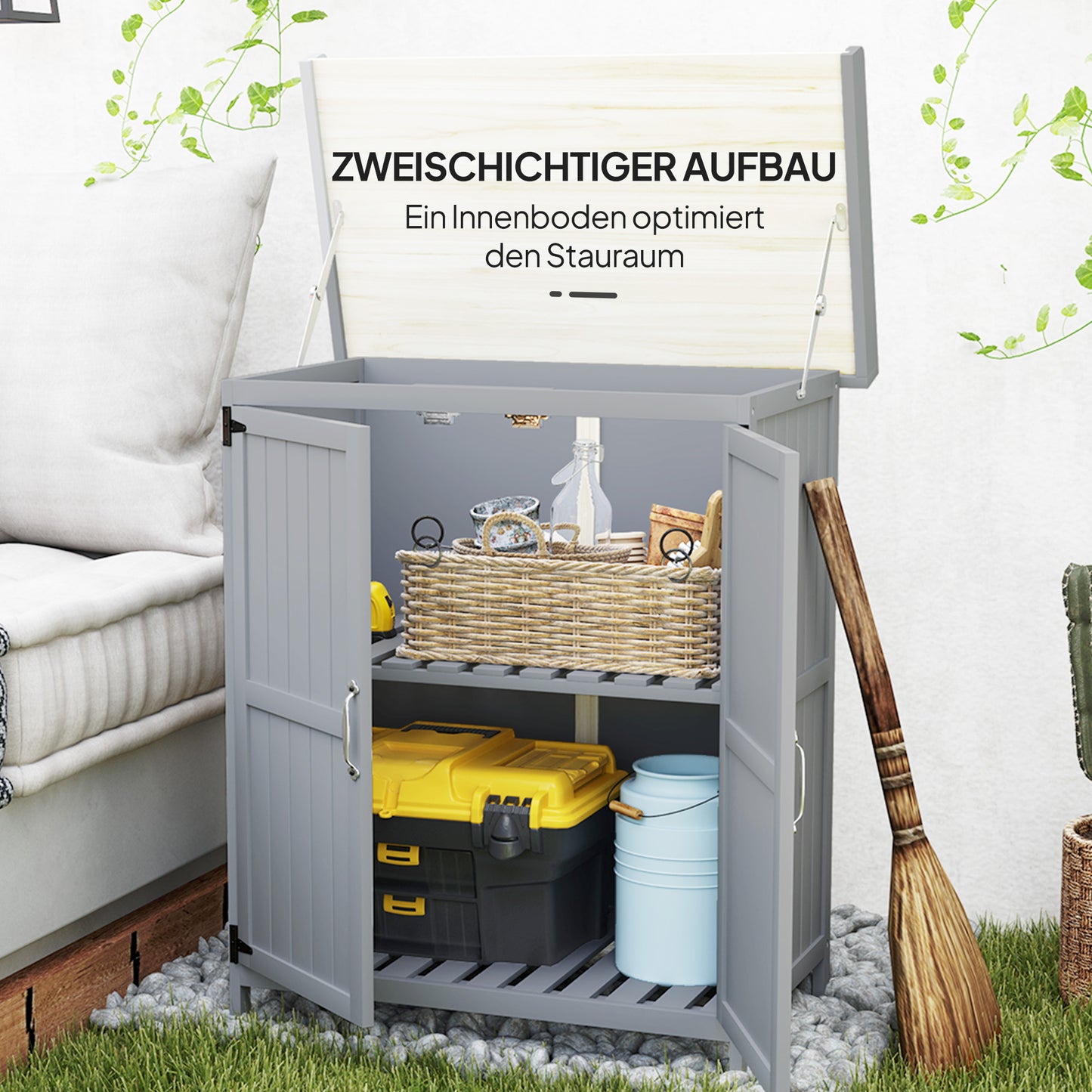 Outsunny Gartenschrank, Werkzeugschrank für den Außenbereich, mit Arbeitsfläche, Holz und Edelstahl, Doppeltüren, Grau