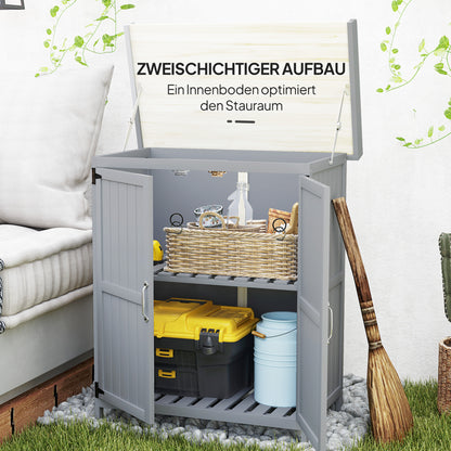 Outsunny Gartenschrank, Werkzeugschrank für den Außenbereich, mit Arbeitsfläche, Holz und Edelstahl, Doppeltüren, Grau