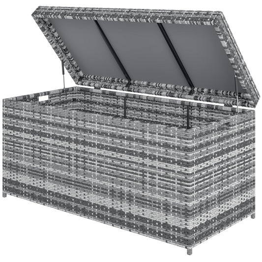 Outsunny Rattan Auflagenbox 380L vattenfest Kissenbox mit Deckel Staurum UV-beständig 130 x 61 x 65 cm Dunkelgrau