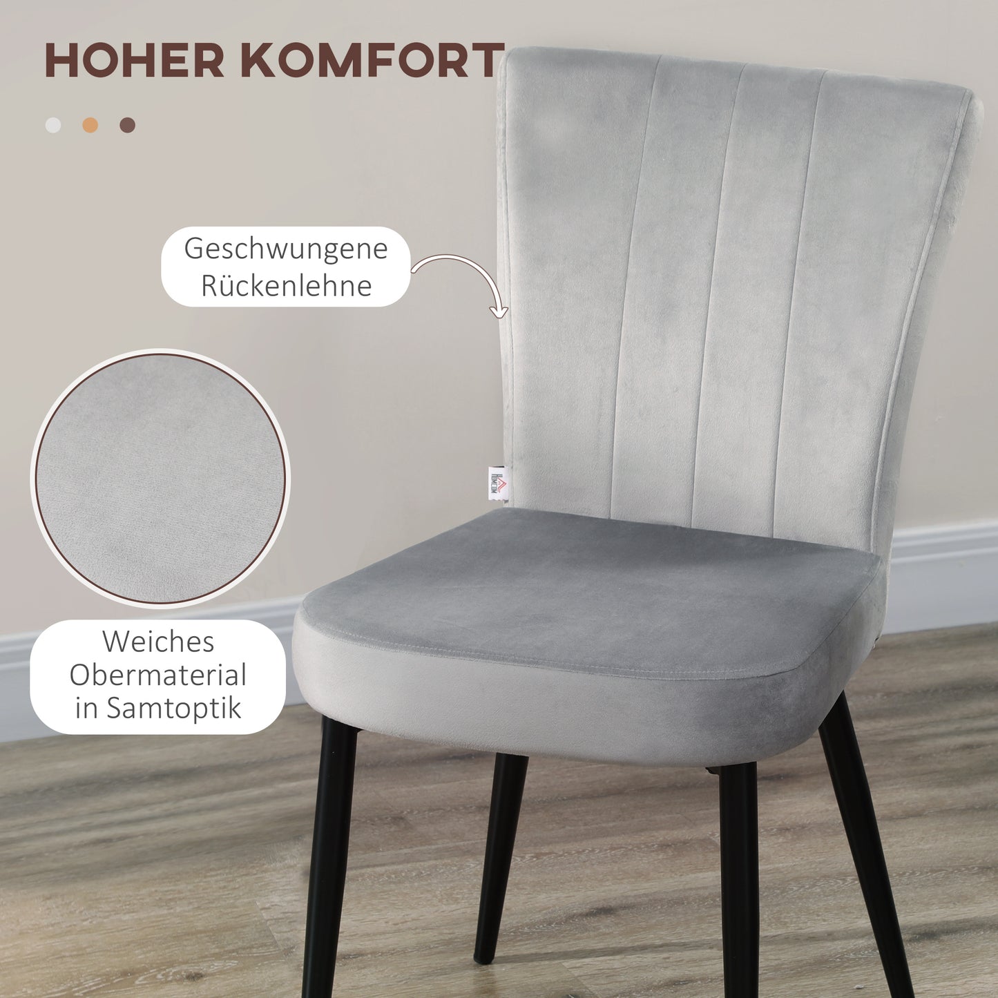 HOMCOM 4er-Set Esszimmerstühle, Akzentstühle für Küchen und Esszimmer, Stuhlset, Velours-Optik, Hellgrau+ Schwarz
