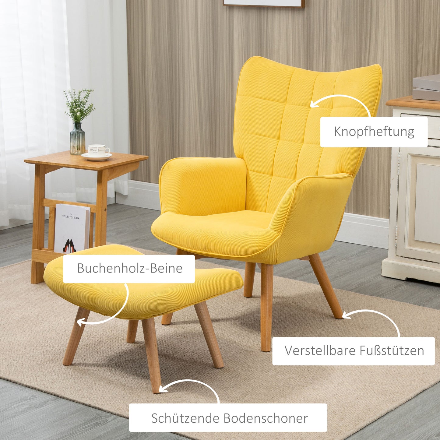 HOMCOM Akzentsessel mit Hocker, Relaxsessel in Cord-Optik, Armlehnstuhl mit Holzbeinen, für Wohnzimmer, Gelb
