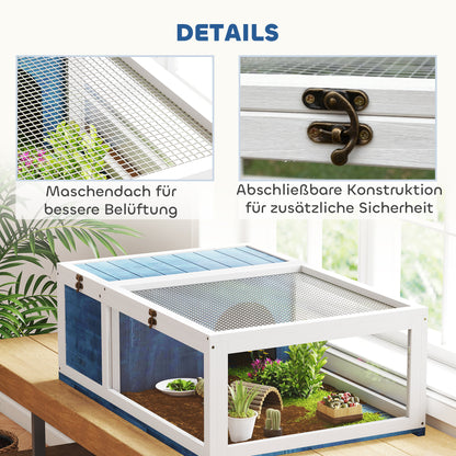 PawHut Schildkrötenhaus aus Holz Schildkrötengehege mit Haupthäusern aufklappbarem Oberseite 91x60,5x32 cm, Blau