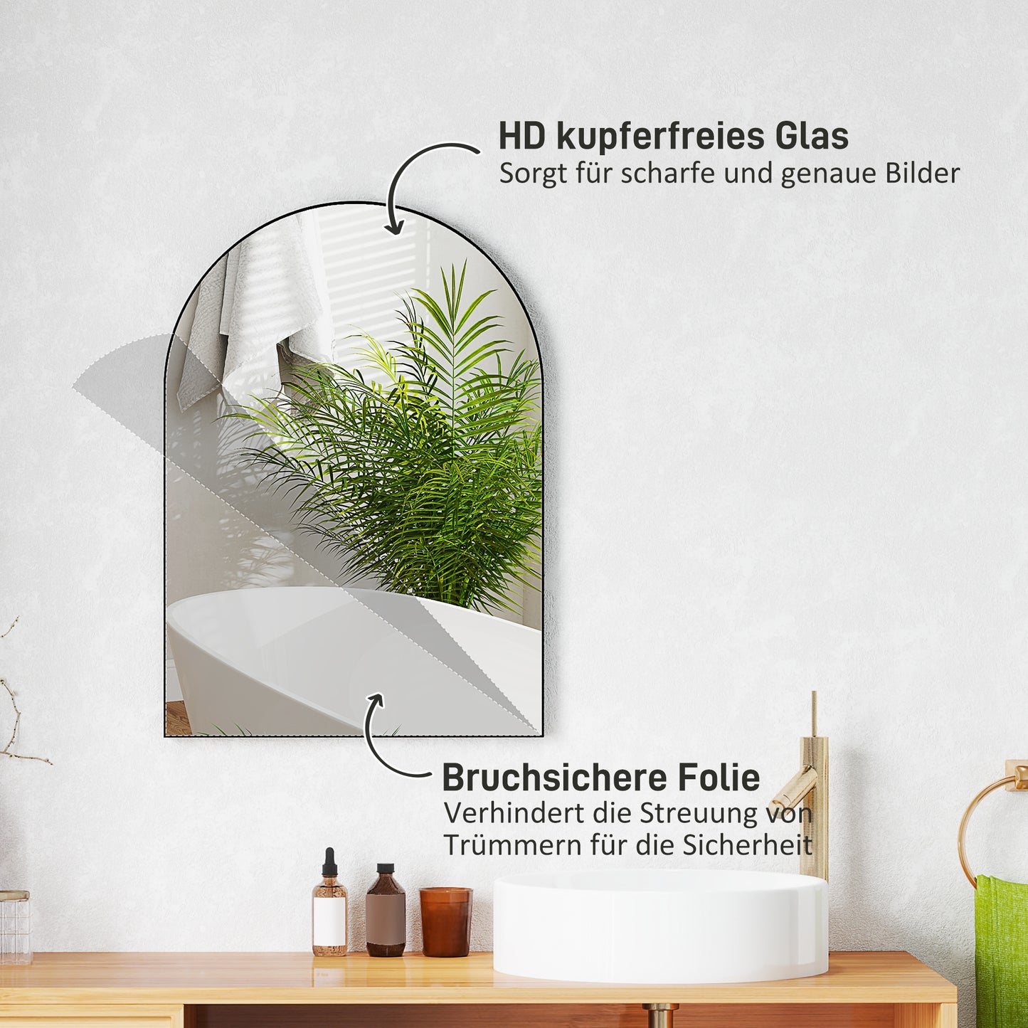 HOMCOM Gebogener Badezimmerspiegel, 50 x 70 cm, Bad-Spiegel mit Aluminium-Rahmen, Deko-Spiegel, Küche, Schwarz