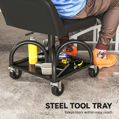 HOMCOM Werkstatthocker mit Rollen Ablagefläche, 58,5 cm hoch Rollhocker bis 135 kg belastbar Schwarz