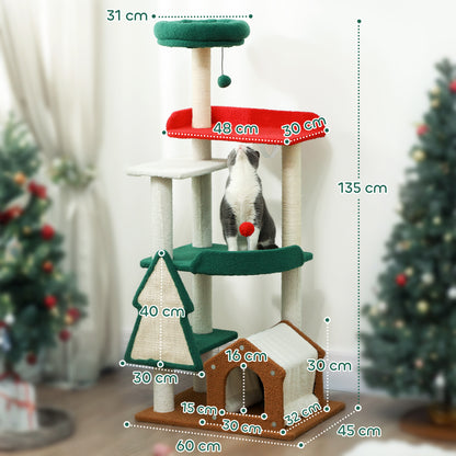 PawHut 135 cm Katzenkratzbaum i Weihnachtsfarben mit Katzenbett, Katzenhaus, Kratzpfosten, Sprungplattformen, Spielzeugbällen