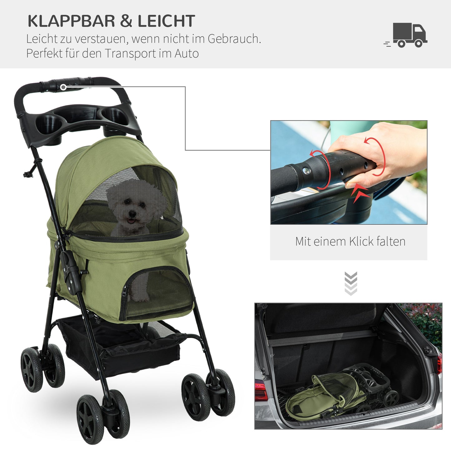 PawHut Hundewagen Hundebuggy, klappbar, 2 Sicherheitsleinen, 2 Becherhalter, 67 x 45 x 96 cm, Khaki