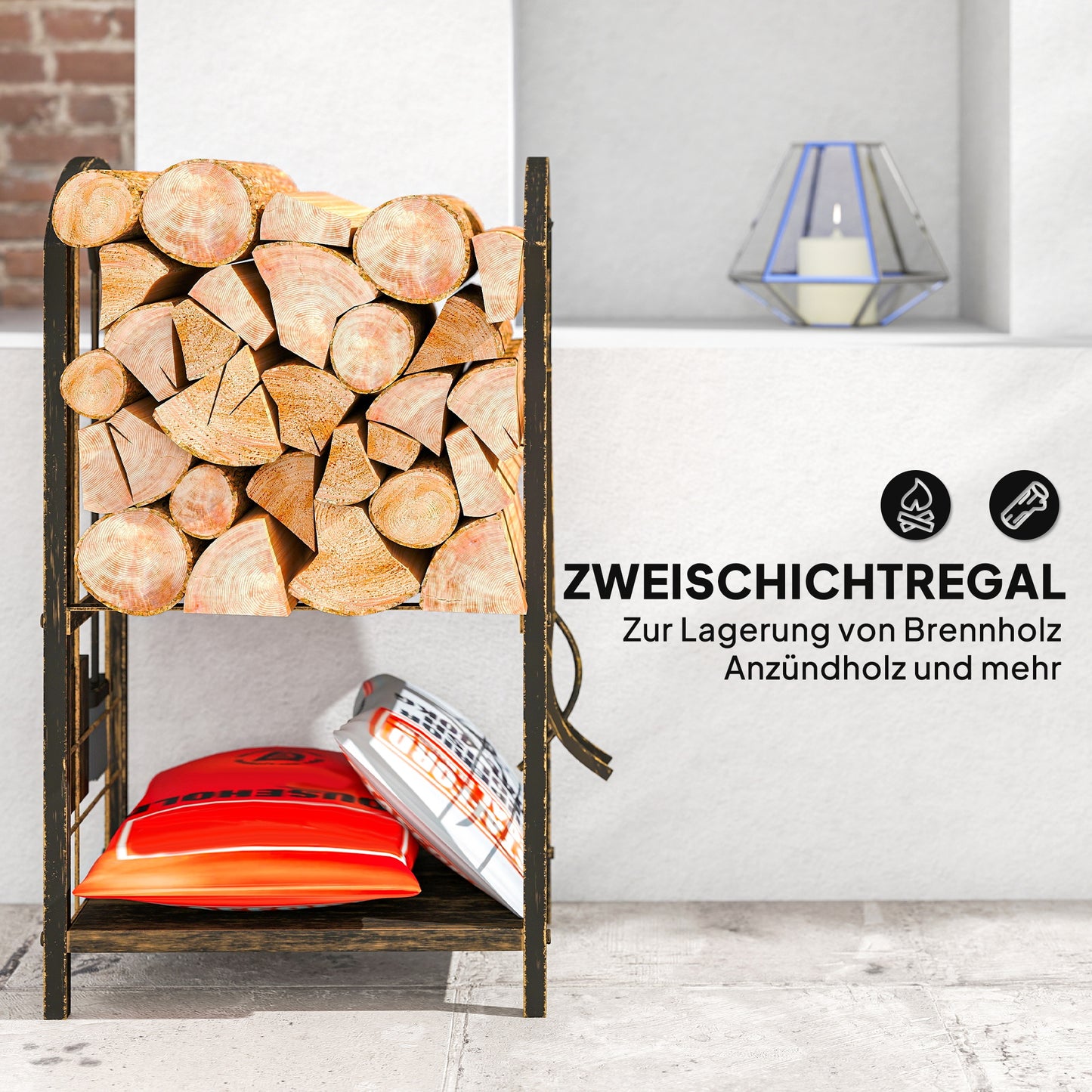 Outsunny Kaminholzregal för inomhus 43 x 30 x 74cm 2 Ebenen Brennholzregal mit 4 Kaminwerkzeug, Haken