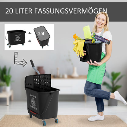 HOMCOM 20 L Mopp-Eimer mit Auswringer und Griff, Wischmopp-Eimer auf Rädern, Kunststoff, Schwarz