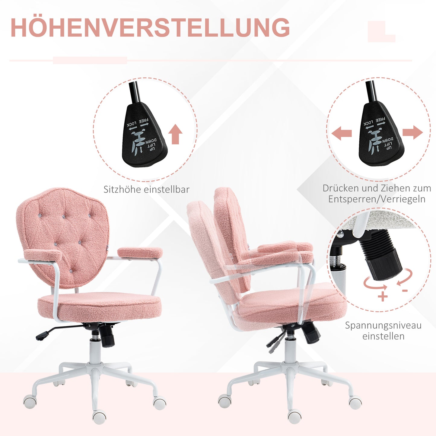 HOMCOM Schöner Bürostuhl mit geknöpftem, weichem Bezug, höhenverstellbar, Rosa