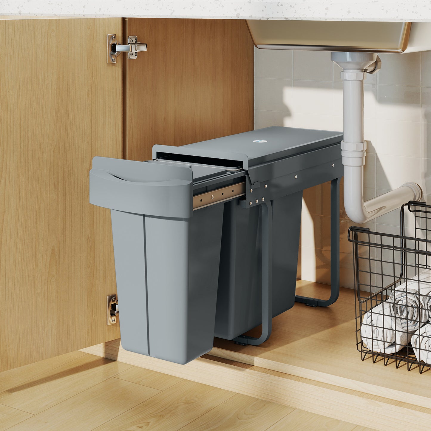 HOMCOM Ausziehbarer Mülleimer, Küchenmüllbehälter mit 2 herausnehmbaren Eimern, Griff, 30 Liter (20 L+10 L), Metall, Grau