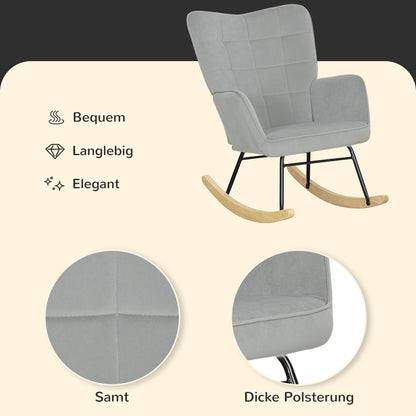 HOMCOM Schaukelstuhl, dicke Polsterung, breite Rückenlehne, Buchenholz/Stahlrahmen, bis 120 kg, Hellgrau