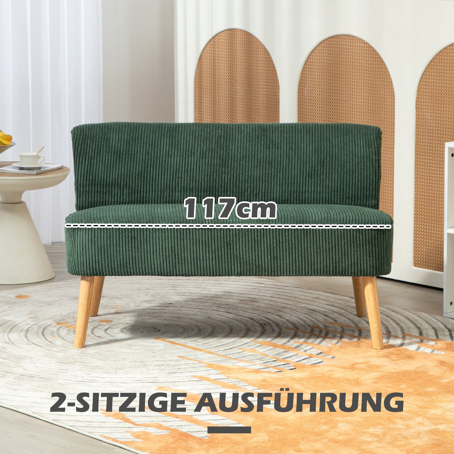 HOMCOM 2-Sitzer Polstersofa, Holz, Samtartiges Polyester, Schaumstoff, 117 x 56,5 x 77 cm, Grün