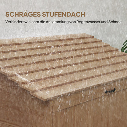 Outsunny Garten-Aufbewahrungsschrank mit ausklappbarem Tisch, Werkzeugschrank mit Dach, 110 x 54 x 136 cm, Tannenholz, Braun