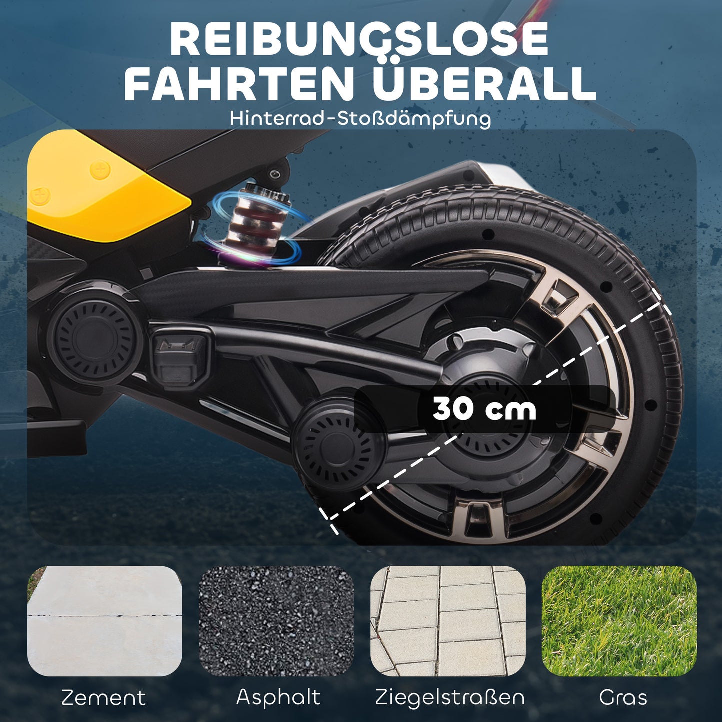 AIYAPLAY Elektrisches Kinderfahrzeug, Reverse-Dreirad-Design, Batteriebetrieb, MP3-Player, Hupe, 2 Geschwindigkeiten, LED-Lichter, 3-8 Jahre, Gelb