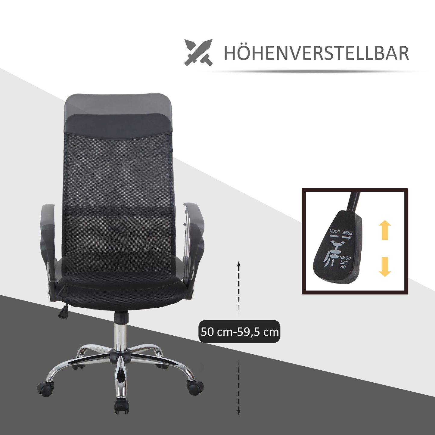 HOMCOM Ergonomischer Bürostuhl, Gaming Stuhl, Drehstuhl mit Wippenfunktion, höhenverstellbarer Schreibtischstuhl, Schaumstoff, Netz, Schwarz, 63 x 65 x 109-119 cm