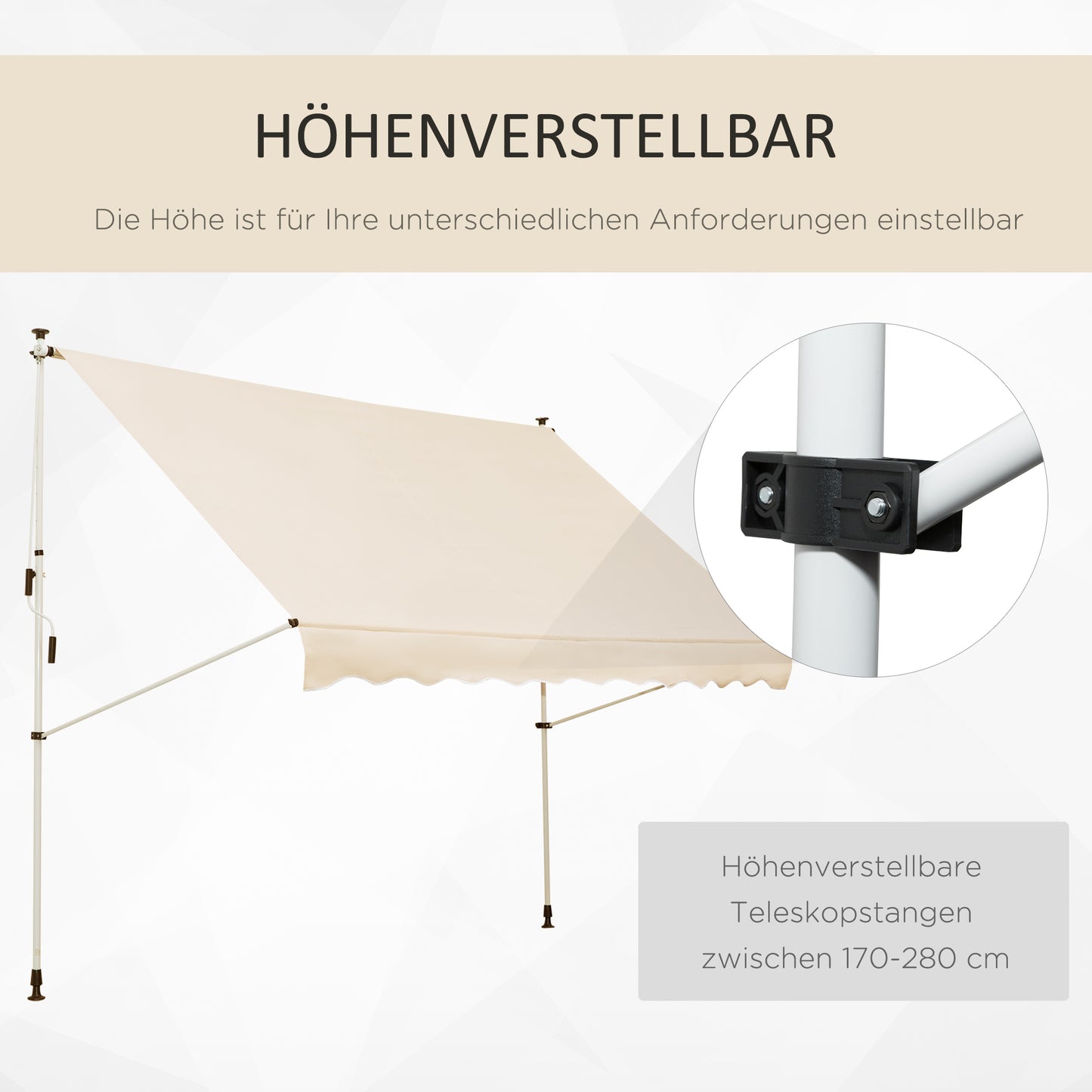 Outsunny Klemmmarkise mit Handkurbel höhenverstellbar Gelenkarmmarkise schmutzabweisend, witterungsbeständig Balkonmarkise 150cm breit Terrassenmarkise für Terrasse Balkon Veranda Beige