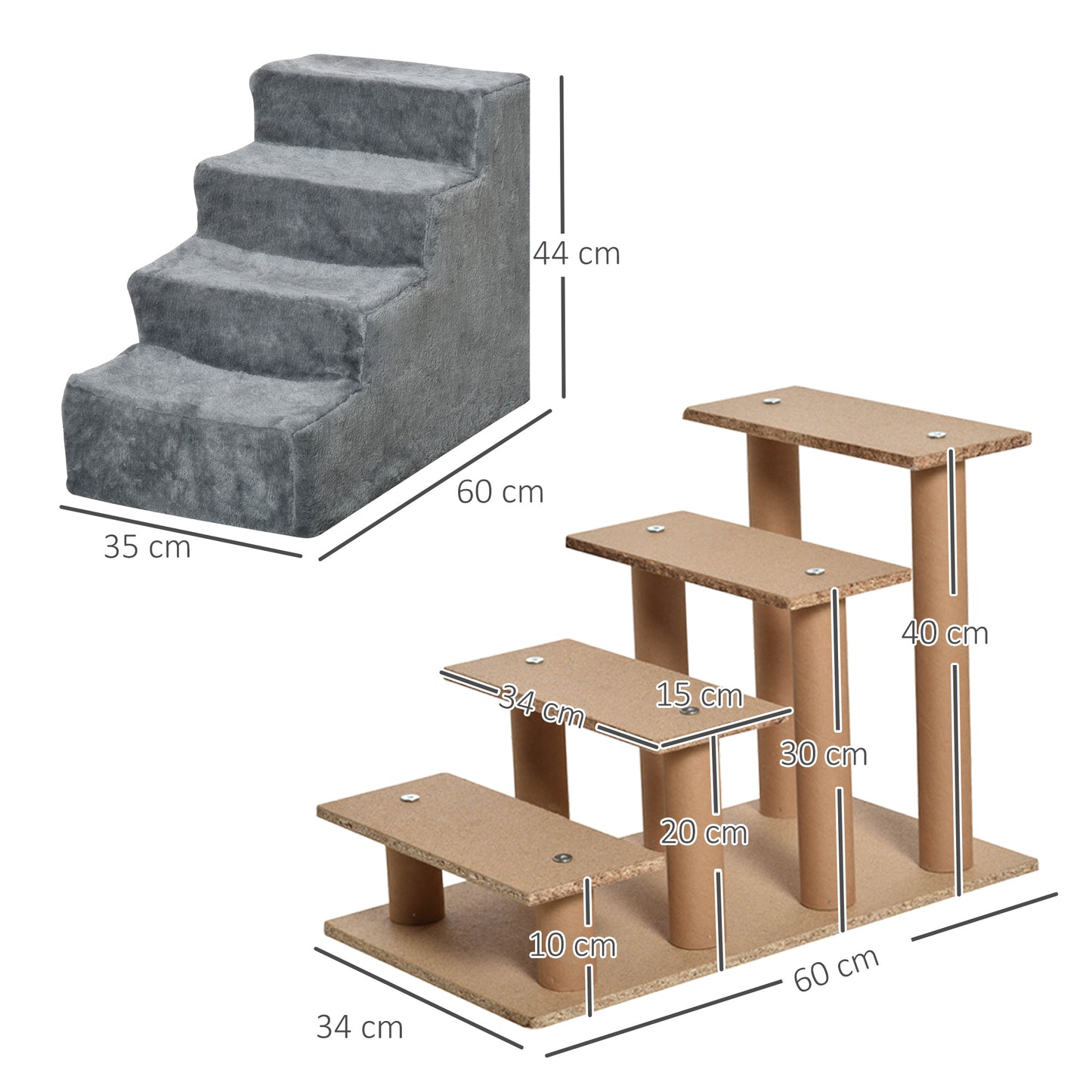 PawHut Hundetreppe 4-stufig, 35 cm Katzentreppe für Bett und Sofa, Haustiertreppe für Hunde und Katzen bis 5 kg, Plüschoptik, Hellgrau