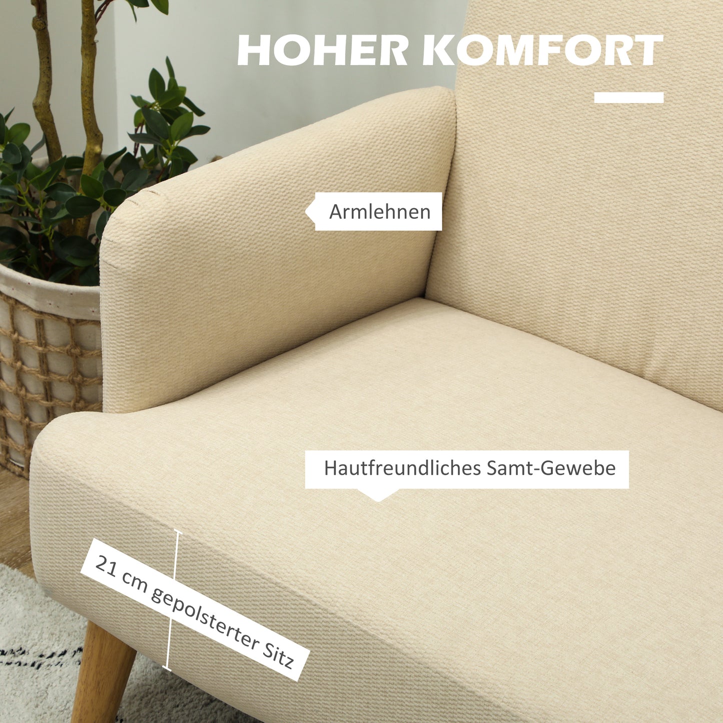 HOMCOM Zweisitzer-Sofa, kompakt, hautfreundlicher Bezug, bis 240 kg, 130x74x79 cm, Cremeweiß