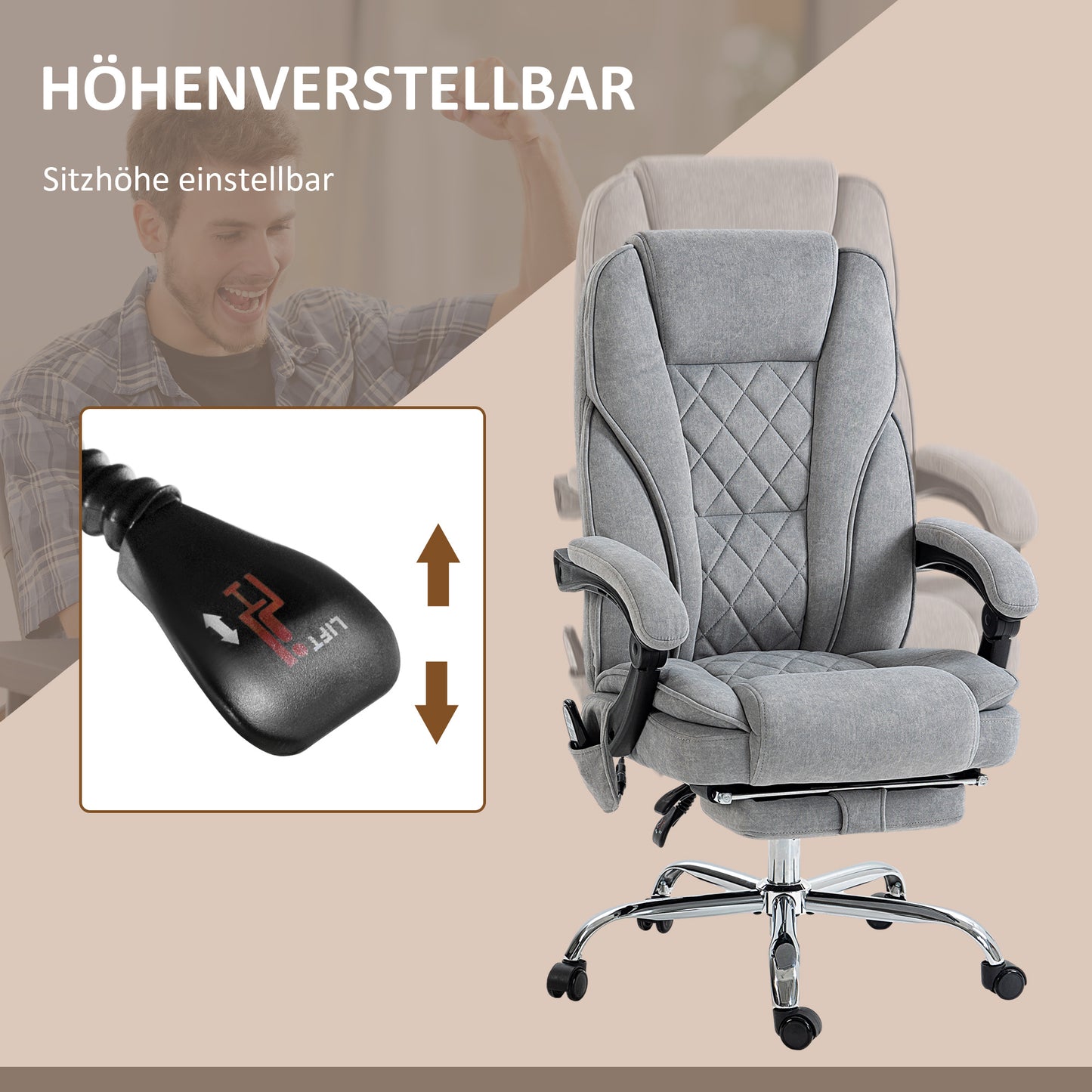 Vinsetto Ergonomischer Bürostuhl mit Massagefunktion, Fußstütze, drehbar, rollbar, Grau