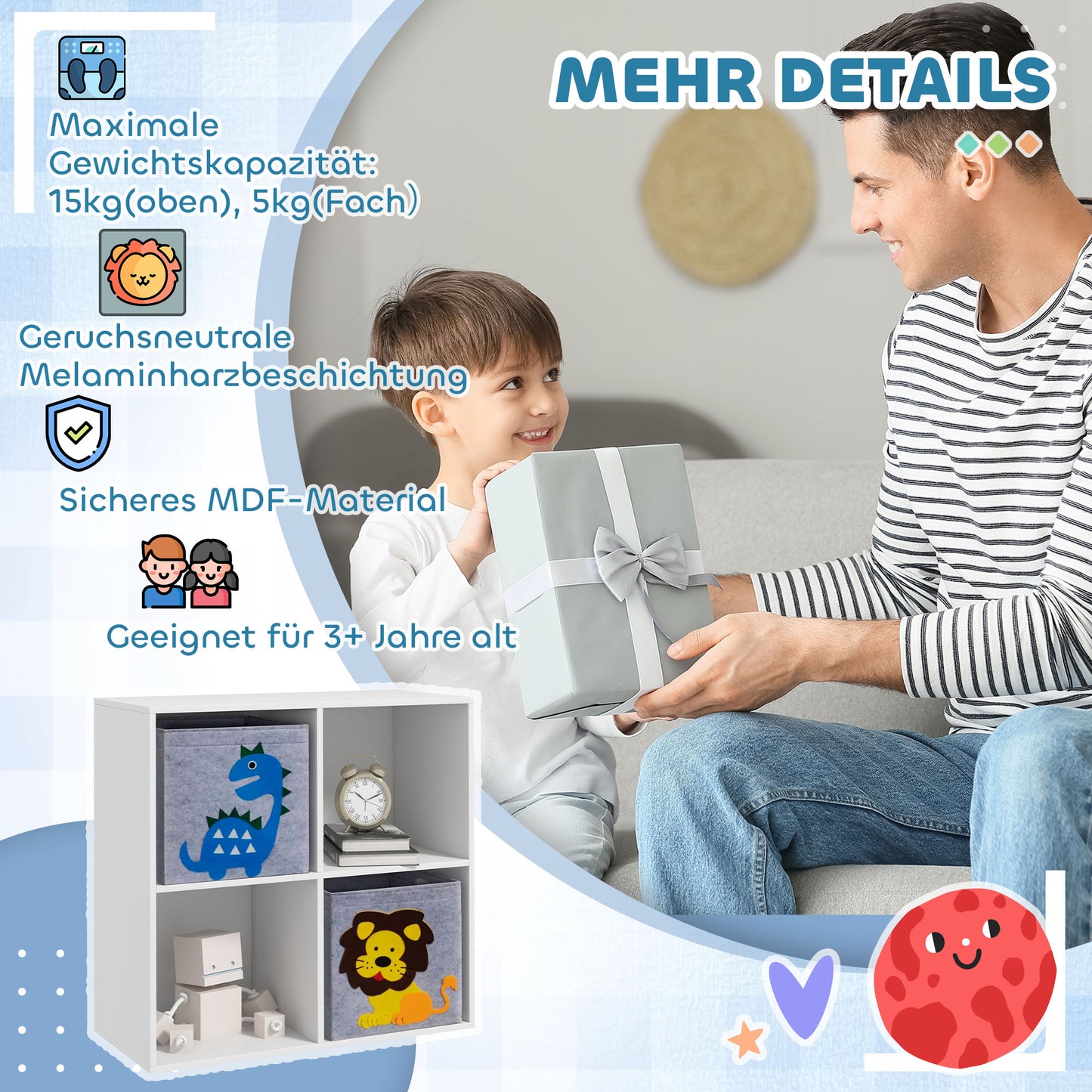 ZONEKIZ Aufbewahrungsregal für Kinder, Würfel, Schubladen, MDF, Kippschutz, Weiß