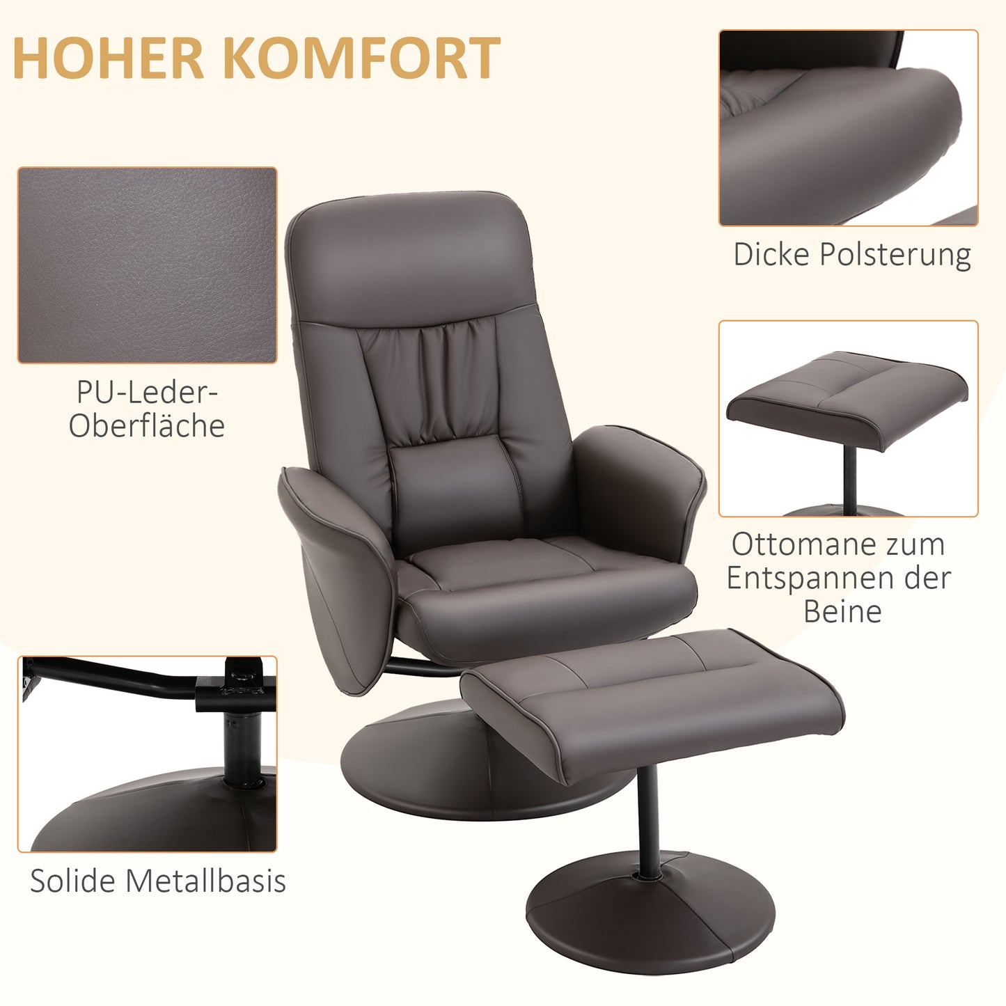 HOMCOM 2-teiliges Sessel-Set, Sessel mit Fußhocker, Relaxsessel mit Fußhocker, höhenverstellbar, neigbare Rückenlehne, Braun