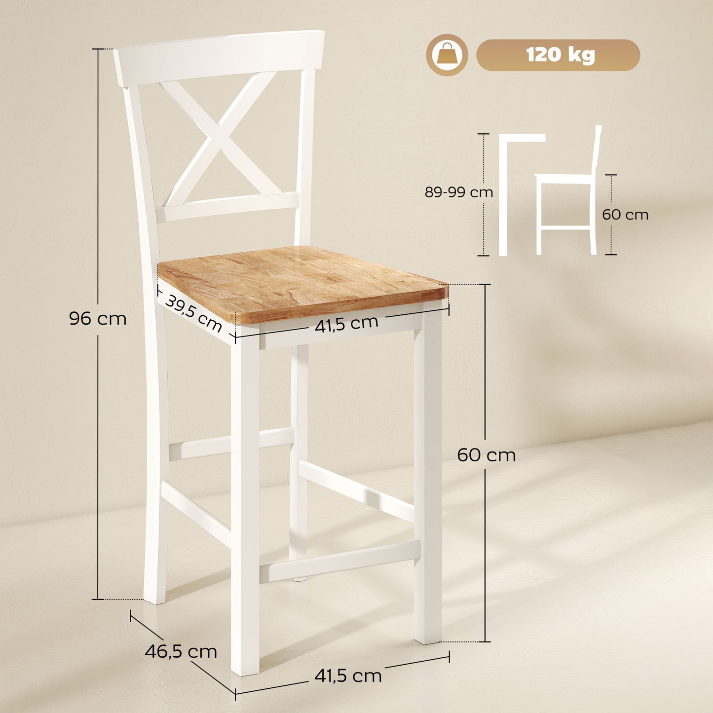 HOMCOM 2er-Set Barstühle mit Rückenlehne und Fußstütze, Kautschukholz, für Küche, Esszimmer, Bar, Eiche+Weiß