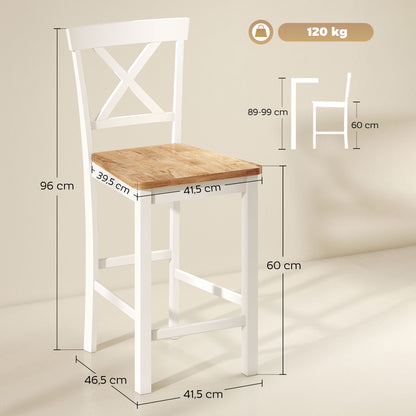 HOMCOM 2er-Set Barstühle mit Rückenlehne und Fußstütze, Kautschukholz, für Küche, Esszimmer, Bar, Eiche+Weiß