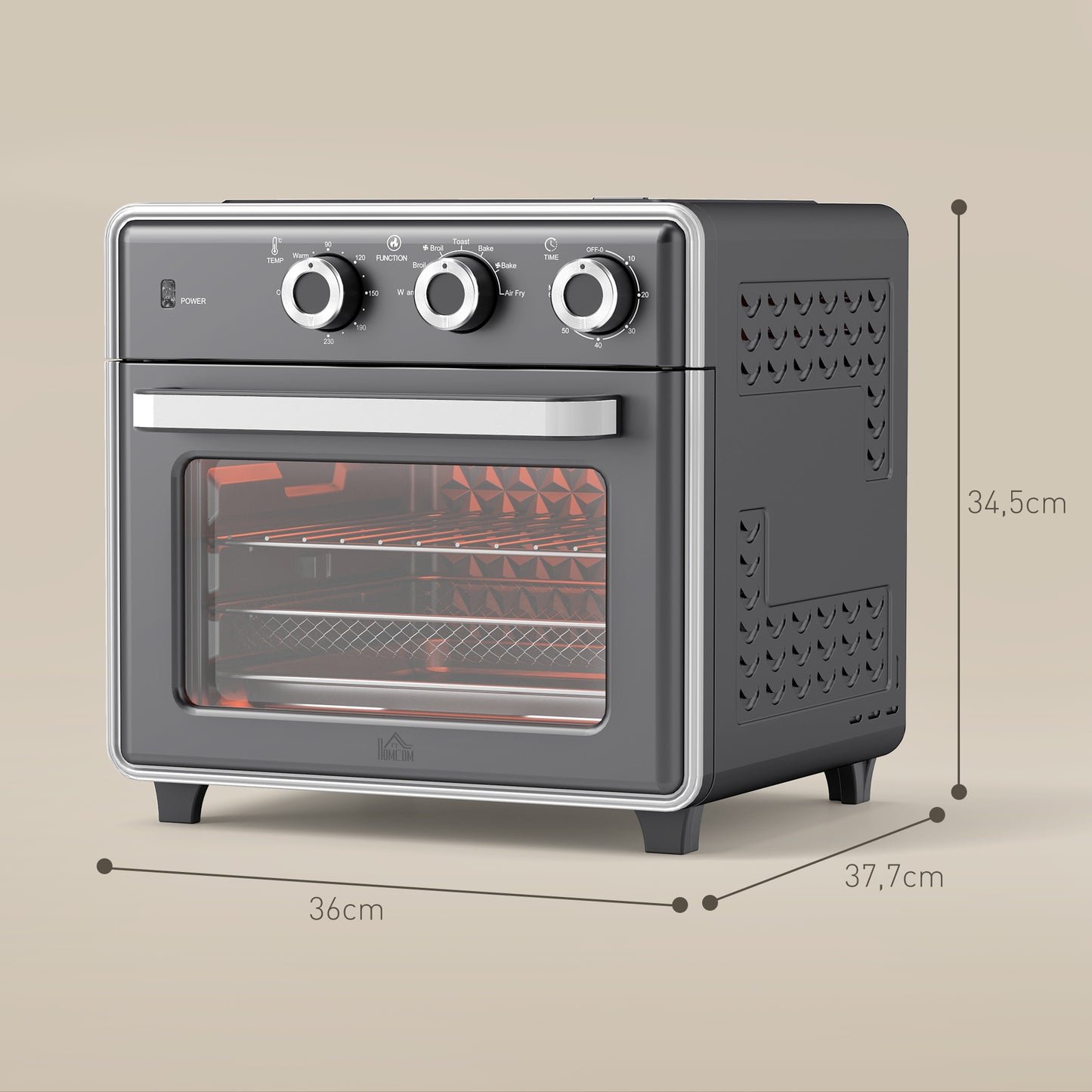 HOMCOM Minibackofen, 20L, 5 Funktionen, 360° Heißluft, Grillrost, Krümelblech, Grau