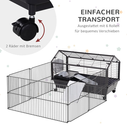 Pawhut Kleintierkäfig mit Freigehege inkl. Zubehör 88 cm x 128,5 cm x 56 cm 4 Rollen Schwarz Metall Polypropylen