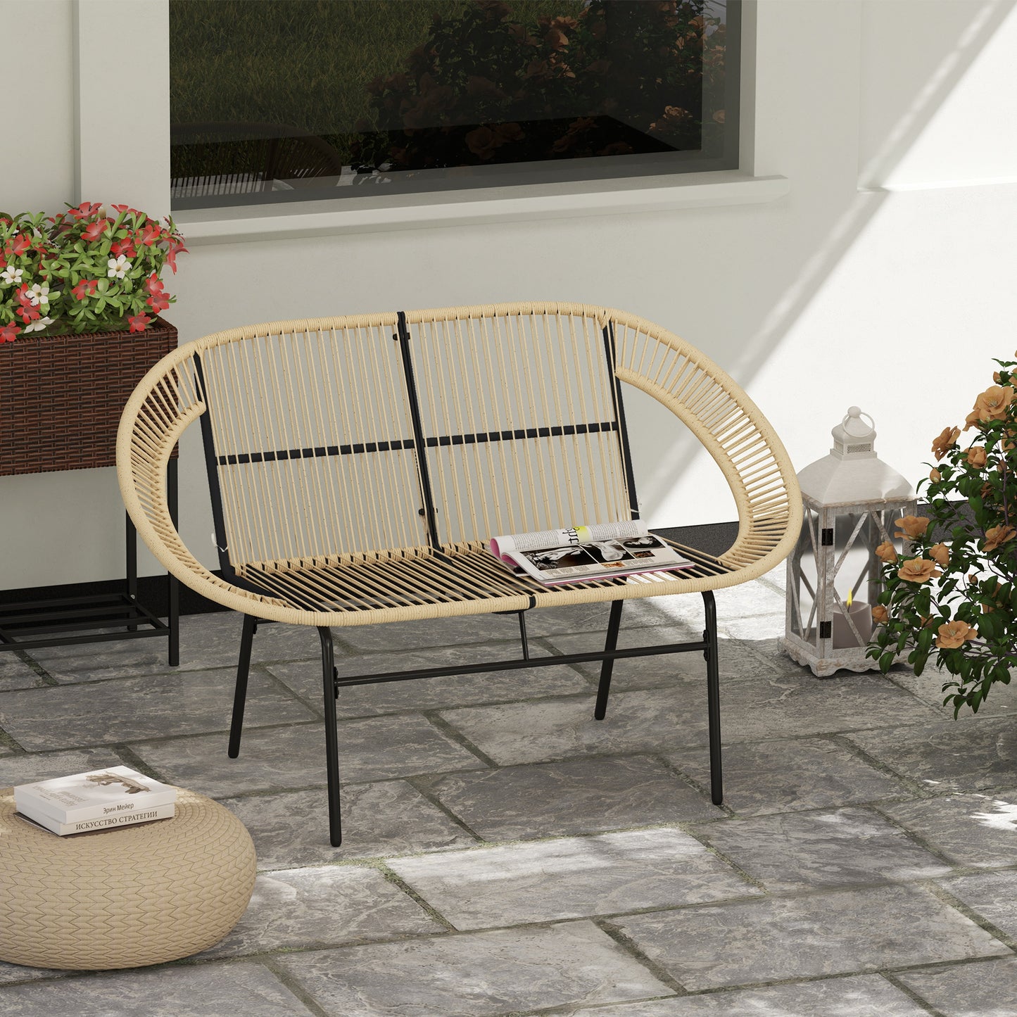 Outsunny 2-Sitzer Gartenbank Polyrattan, wetterfest Sitzbank im Rattanflecht-Design, UV-Beständig 260kg belast Khaki