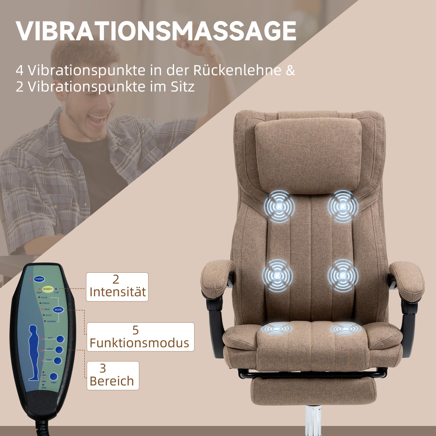 Vinsetto Bürostuhl med Massagefunktion, Neigbare Rücklehne, Ausziehbare Fußstütze, Leinenoptik, 65 x 61 x 118 cm, Braun