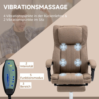 Vinsetto Bürostuhl med Massagefunktion, Neigbare Rücklehne, Ausziehbare Fußstütze, Leinenoptik, 65 x 61 x 118 cm, Braun
