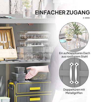 Outsunny Gartenschrank, Werkzeugschrank für den Außenbereich, mit Arbeitsfläche, Holz und Edelstahl, Doppeltüren, Grau