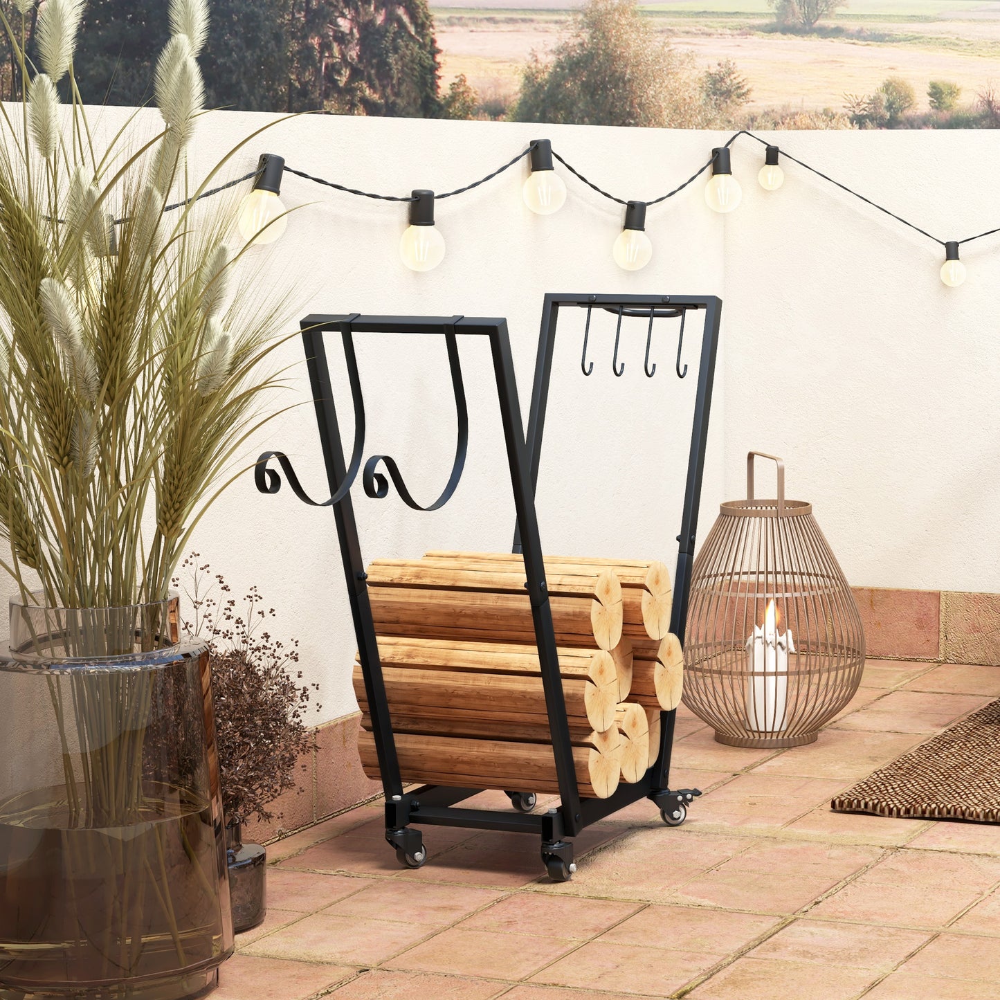 Outsunny Feuerholzgestell, trapezförmiges Design, pulverbeschichteter Metall, mobil mit Rollen, 79 x 30 x 81 cm, Schwarz