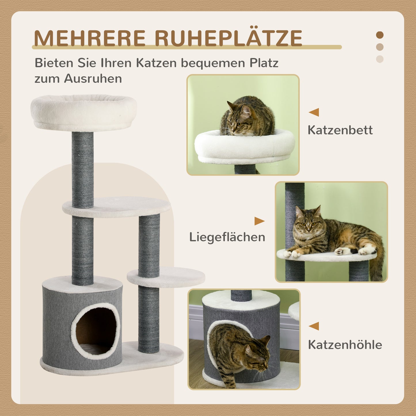 PawHut Kratzbaum mit 1 Katzenhöhle, 1 Katzenbett, 2 Plattformen, Jute-Seilspfosten, Weiß + Grau