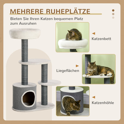 PawHut Kratzbaum mit 1 Katzenhöhle, 1 Katzenbett, 2 Plattformen, Jute-Seilspfosten, Weiß + Grau