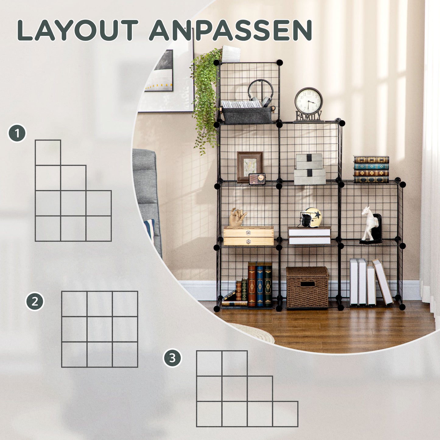 HOMCOM Steckregal, Würfelregal, Schuhregal, 9 Würfel, modularer Aufbau, Stahl, schwarz, 35 x 35 x 35 cm je Würfel