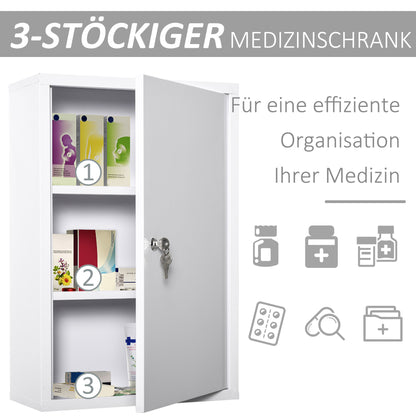 kleankin Medizinschrank Arzneischrank zur Medikamenten-Aufbewahrung, Abschließbar Medikamentenschrank Metall mit 3 Fächern Erste-Hilfe-Schrank, 40 x 18 x 60 cm, Weiß