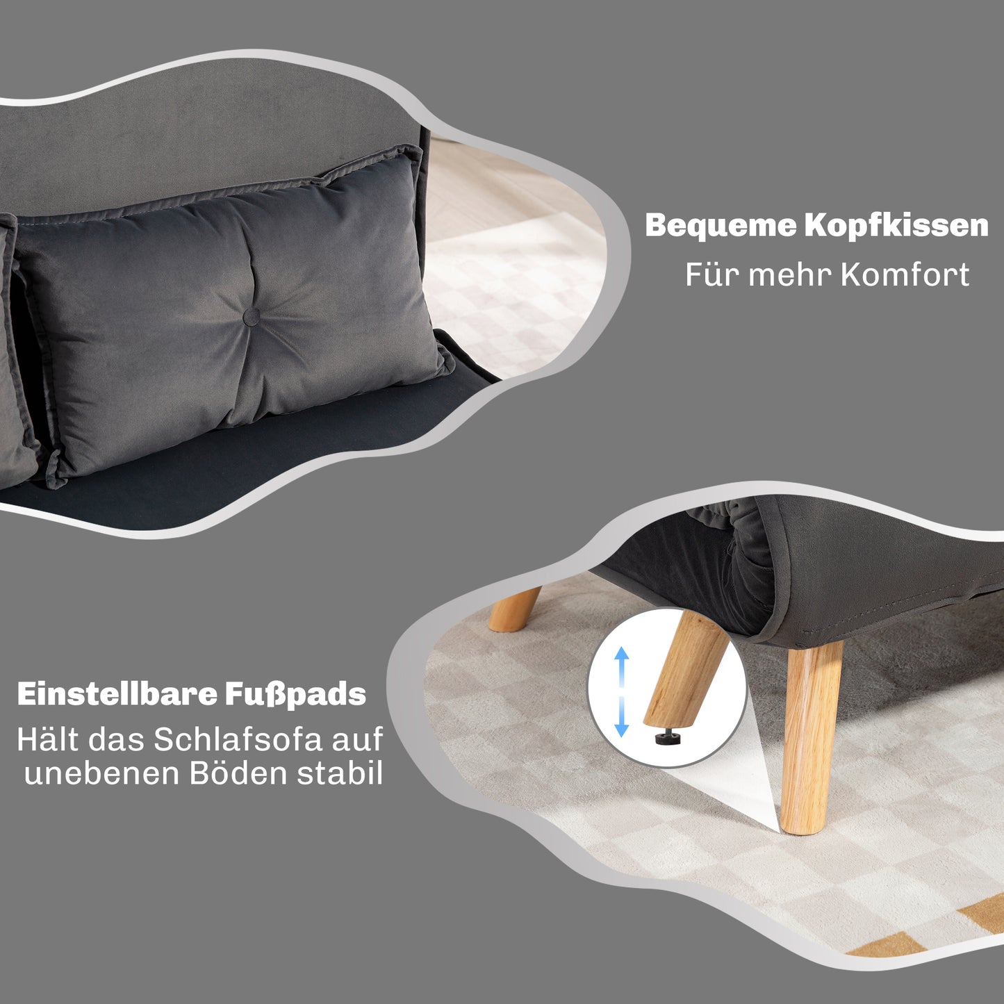 HOMCOM 2-Sitzer-Schlafsofa, Bettsofa, in Bett umwandelbare Couch, verstellbare Rückenlehne, Stoffbezug, Metallrahmen, Grau