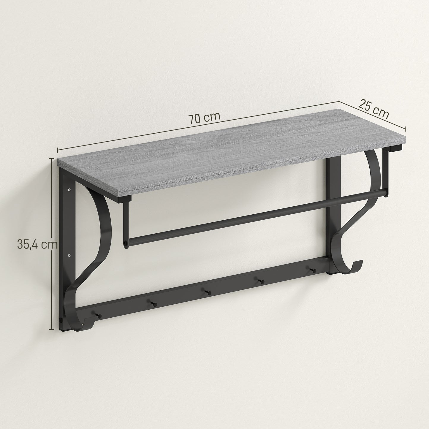 HOMCOM Wandmontierter Kleiderständer, Kleiderhaken, 5 Haken, oberes Fach, vielseitig, Grau