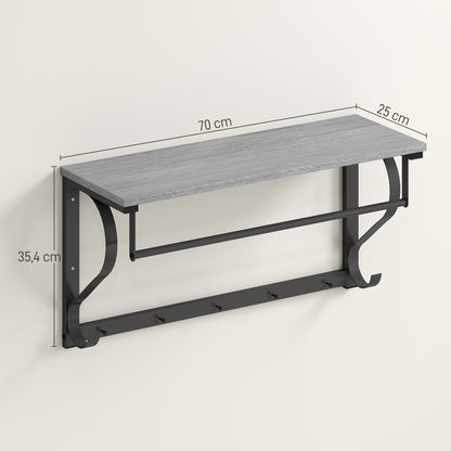 HOMCOM Wandmontierter Kleiderständer, Kleiderhaken, 5 Haken, oberes Fach, vielseitig, Grau