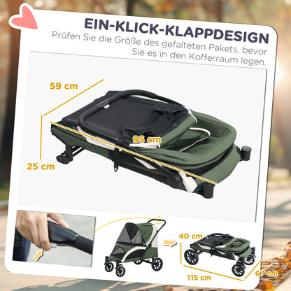 PawHut Hundewagen, Faltbarer Hundebuggy für große Hunde, Haustierwagen mit 4 Rädern, Sicherheitsleinen, Bremsen, Dunkelgrün
